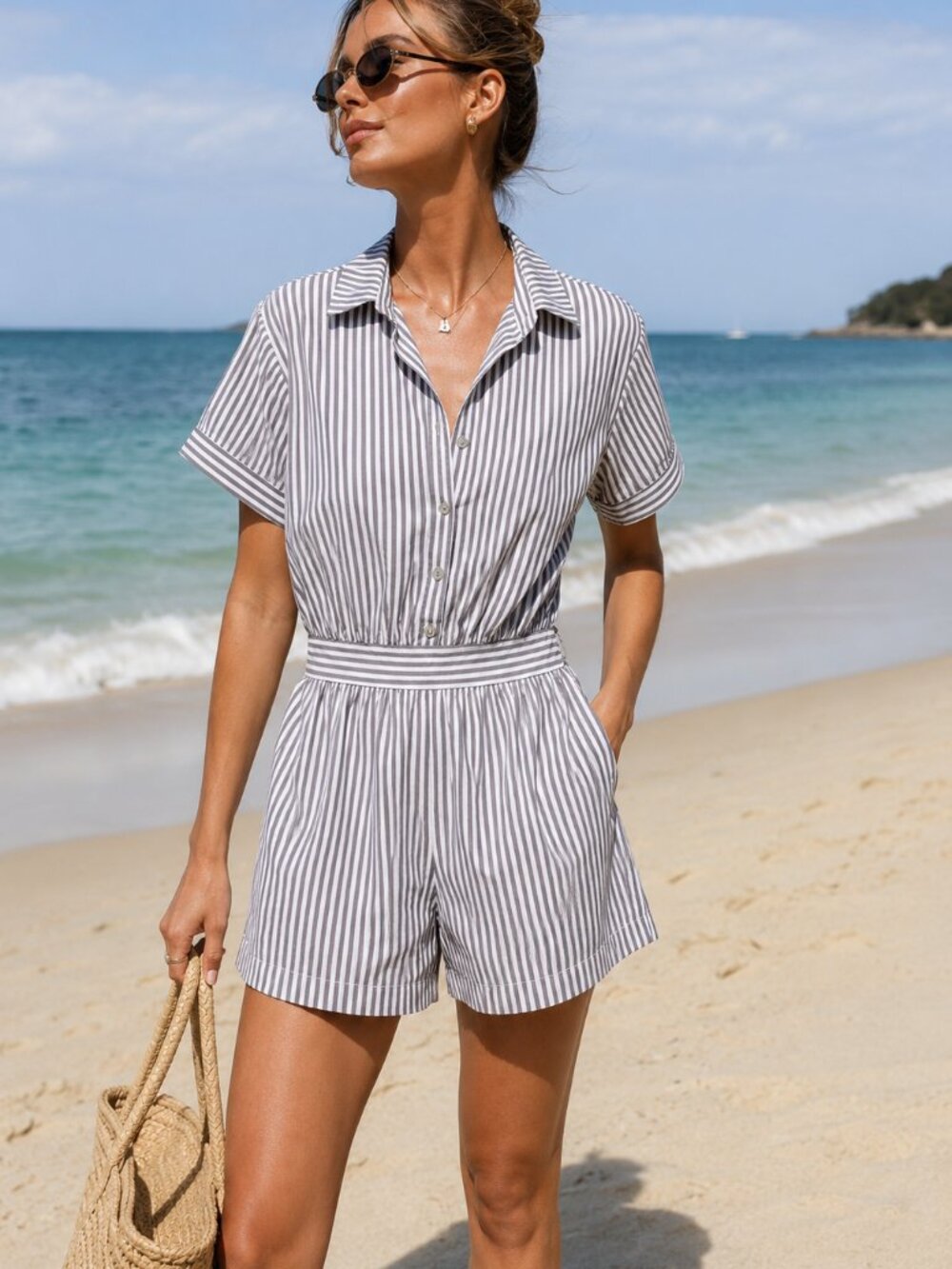 🌊 Empire Striped Romper - Gray/White - Size S